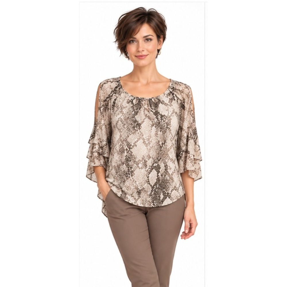 Chico's Snake Print Blouse Long Sleeve Scoop Neck Loose Cold Shoulder Top Size M